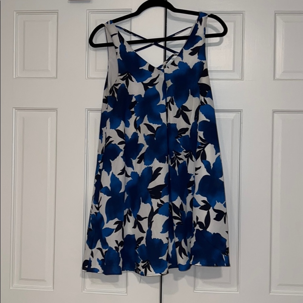 Flowy black and blue floral minidress.